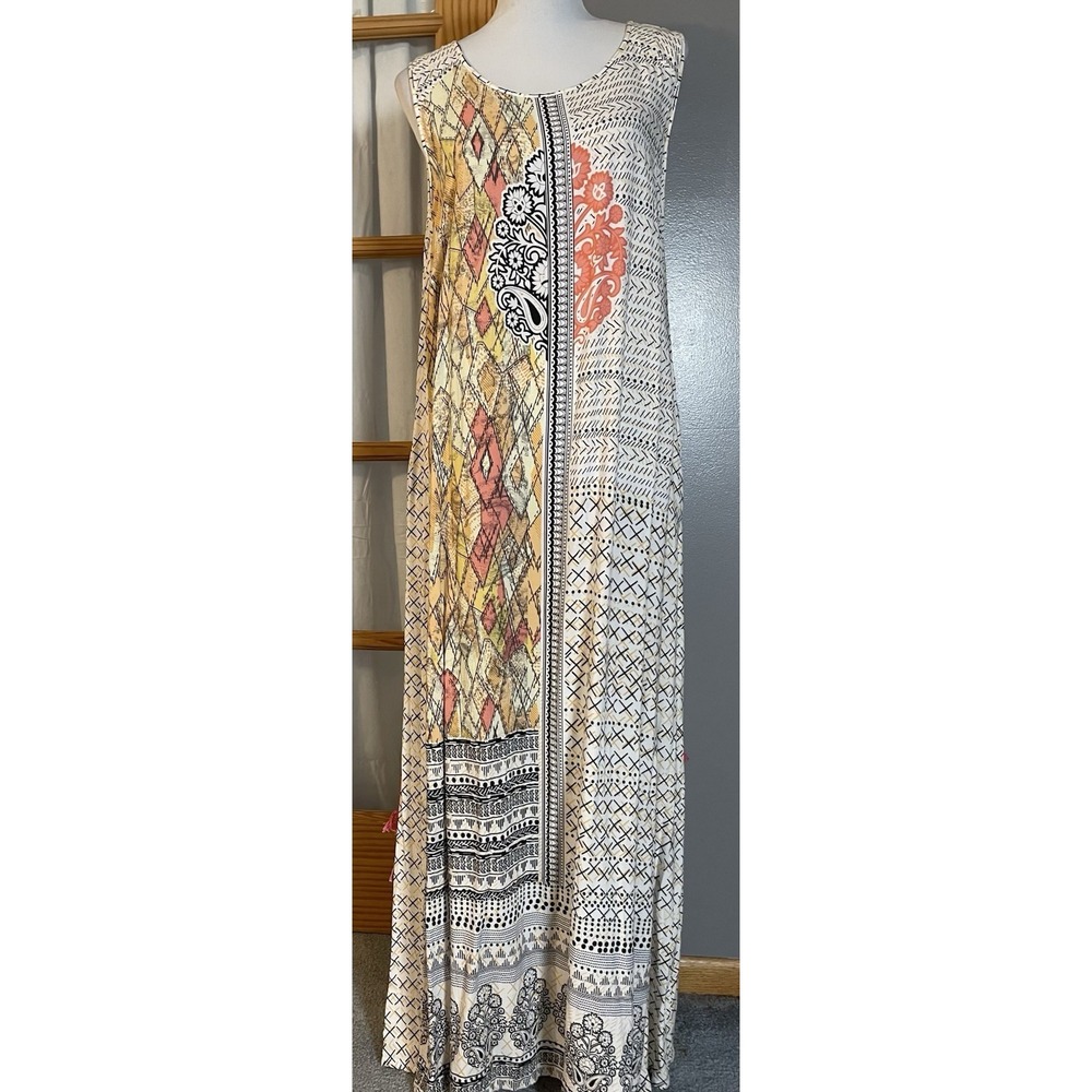 Global Desi Belted Maxi Dress XL Mixed Pattern Ivory Black Sleeveless Boho Beach